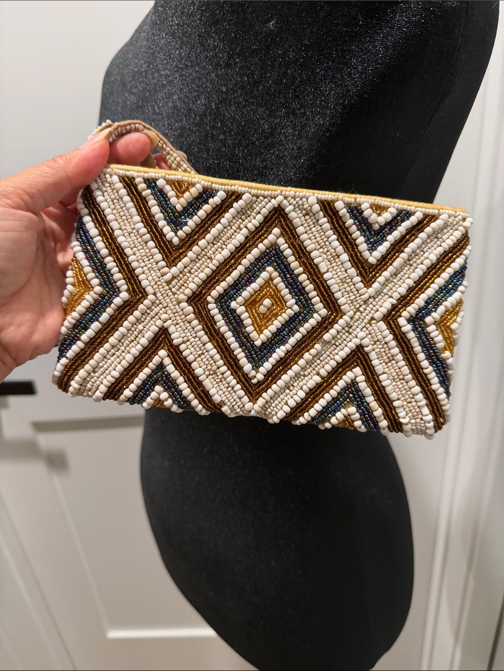 Beaded Geometric Wristlet Clutch in White, Brown & Gold